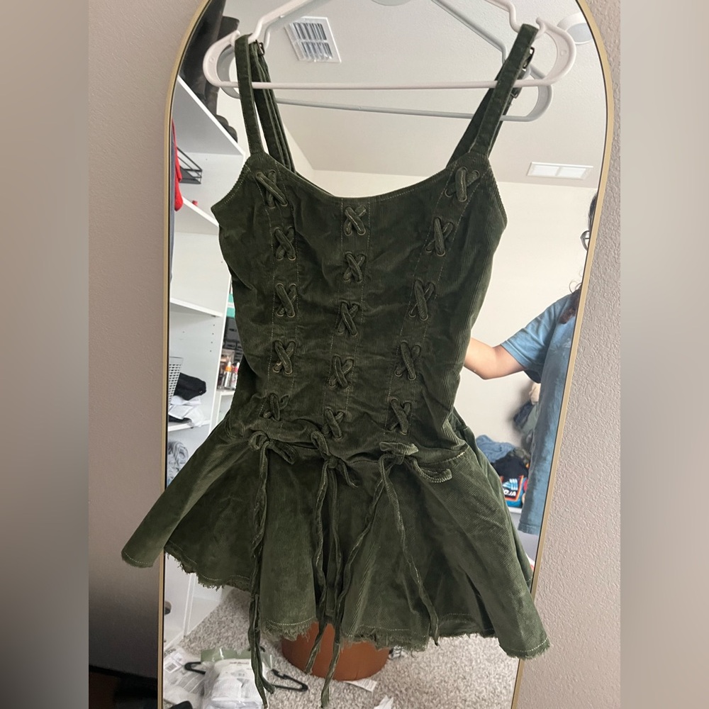 Cider Olive Green Corduroy Lace-Up Mini Dress